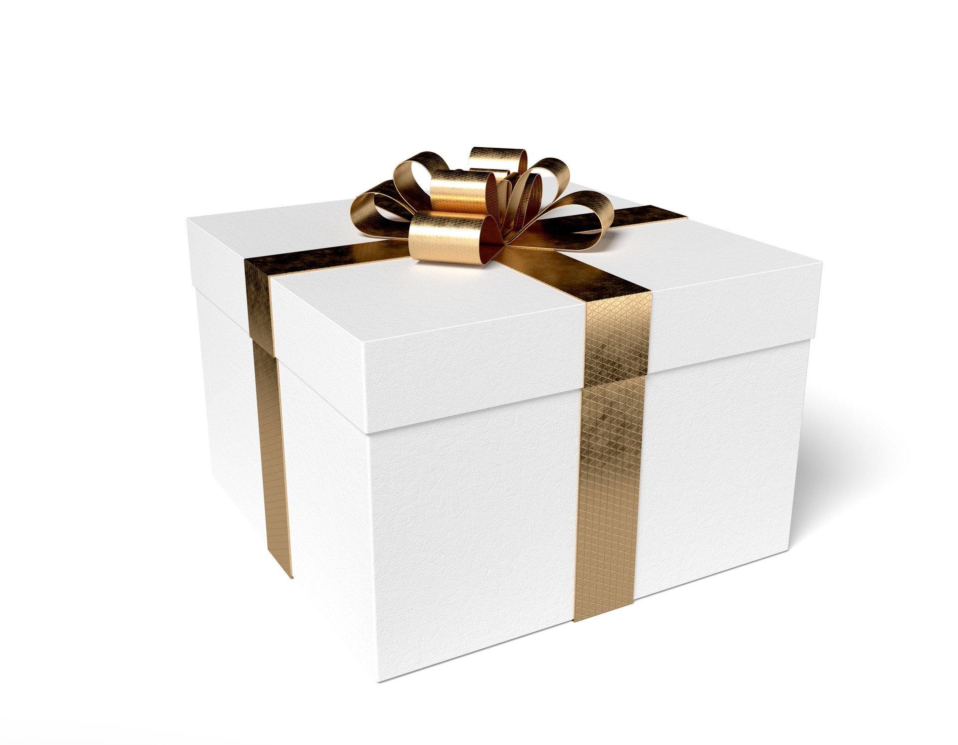 Beautiful gift box with golden ribbon and bow on white background